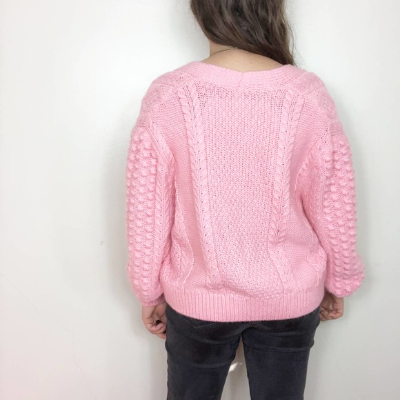 H&M | Women's Medium Coral Pink Chunky Knit Wool Cardigan Sweater Bobble Pompom - Picture 7 of 8
